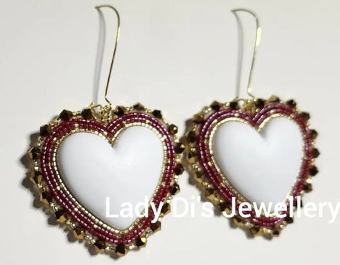 Large Heart Earrings - White, Red & Gold