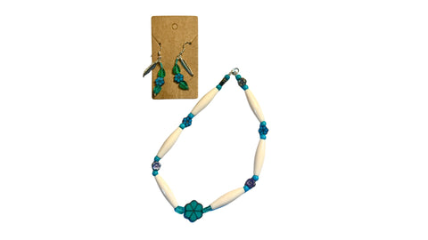 Blue Earrings and Buffalo Bone Bead Necklace Set; By Auntie Maymie & Nana Creations