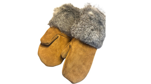 Kids size real rabbit fur and leather mittens; By Auntie Maymie & Nana Creations