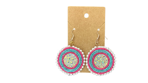 Pink and Turquoise Beaded Cab Earrings; By Auntie Maymie & Nana Creations
