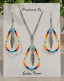 Teardrop Feather Necklace & Earring Set - various colours; Handmade by Evelyn Turner
