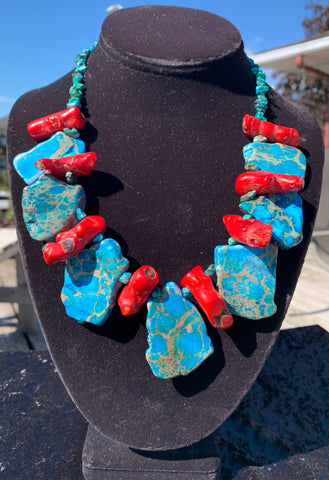 18" Chuncky Necklace with Genuine Turquoise, Howlite & Coral