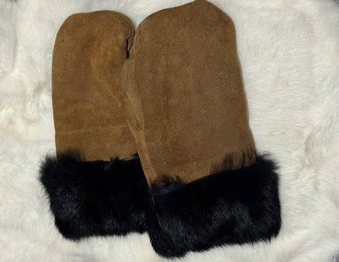Rabbit Fur and Leather Mittens; by Auntie Maymie & Nana Creations