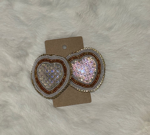 White & Gold Heart Cab Earrings; by Auntie Maymie & Nana Creations