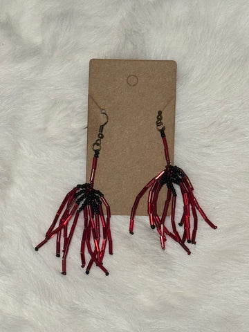 Red Beaded Dangle Earrings; by Auntie Maymie & Nana Creations