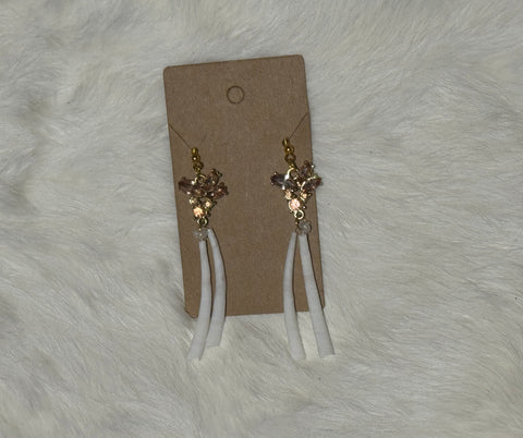 Double Dentalium Gold and Pink Flower Earrings; by Auntie Maymie & Nana Creations