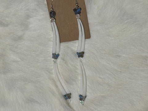 Double Dentalium 2 Tier White Bead and Butterfly Earrings; by Auntie Maymie & Nana Creations