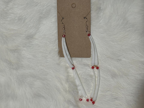 Red Bead Double Dentalium 2 Tier Earrings; by Auntie Maymie & Nana Creations