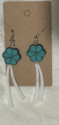 Turquoise Flower Double Dentalium Earrings; by Aunite Maymie & Nana Creations