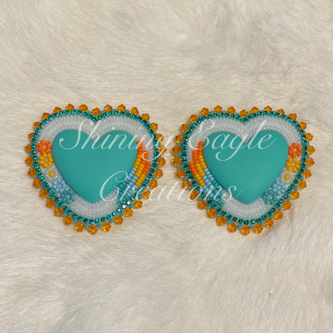 Turquoise & Orange Large Beaded Heart Earrings