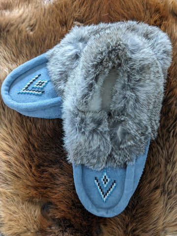 Blue Leather Moccasins with Grey Fur; by Wandering Buffalo