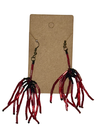Red Beaded Dangle Earrings; by Auntie Maymie & Nana Creations