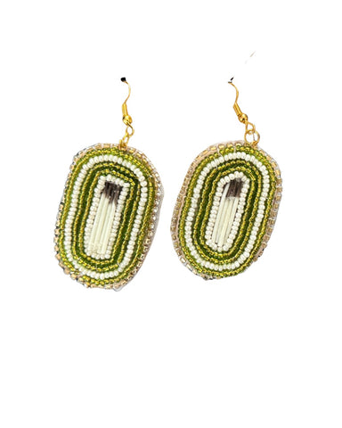 Porcupine Quill Green and White Beaded Earrings; By Auntie Maymie & Nana Creations