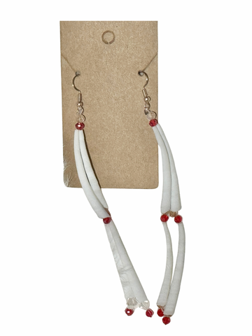 Red Bead Double Dentalium 2 Tier Earrings; by Auntie Maymie & Nana Creations