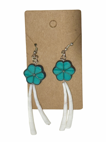 Turquoise Flower Double Dentalium Earrings; by Aunite Maymie & Nana Creations