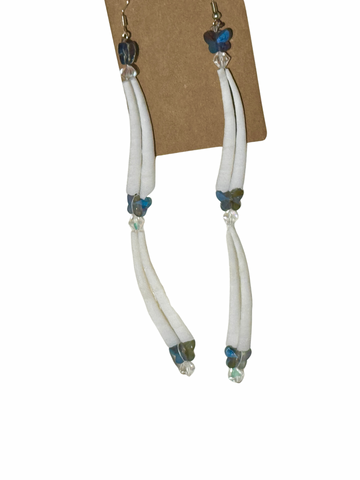 Double Dentalium 2 Tier White Bead and Butterfly Earrings; by Auntie Maymie & Nana Creations